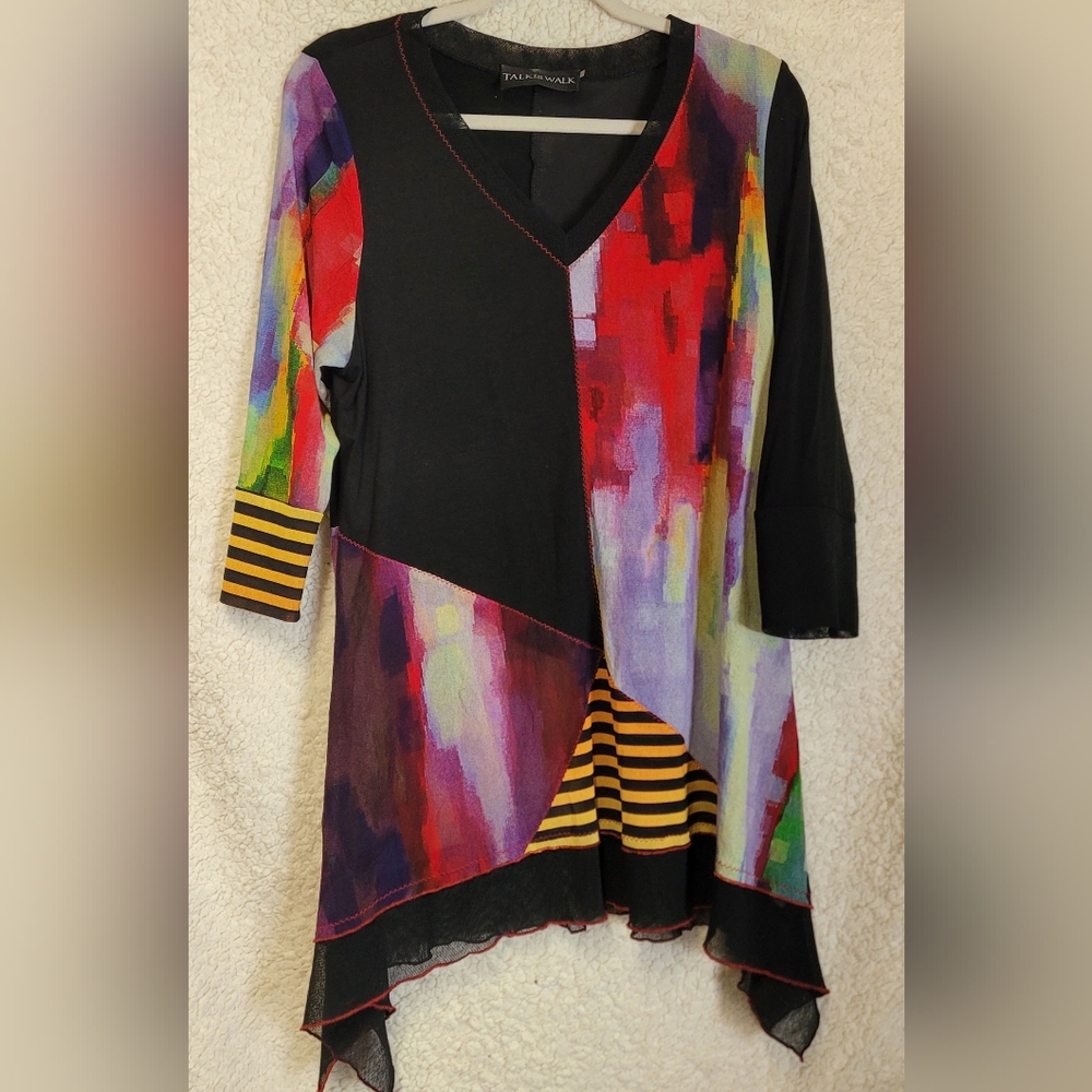 Talk Of Walk Mesh Asymmetrical Multi Color Patchwork 3/4 Sleeves Womans Size L